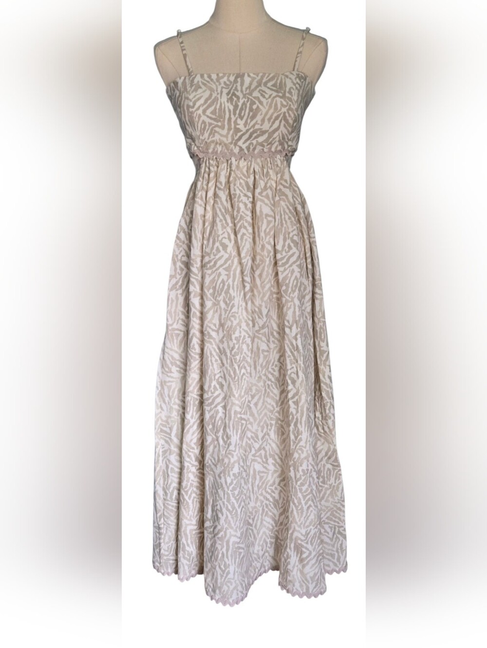 NWT~ Rachel Parcell Scalloped Midi Dress Linen Blend Abstract In Tan/Taupe/Multi